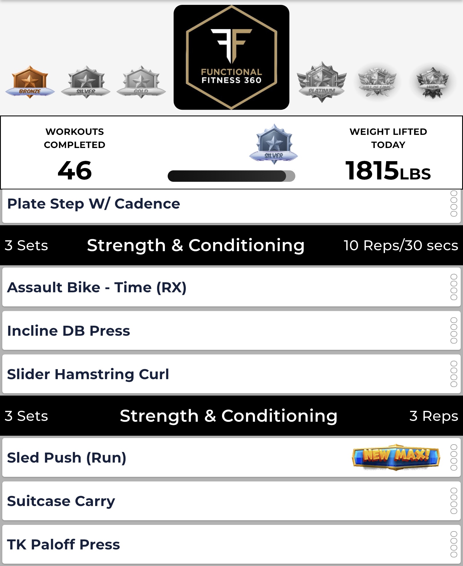 FF360 app — 46 workouts completed, Silver rank