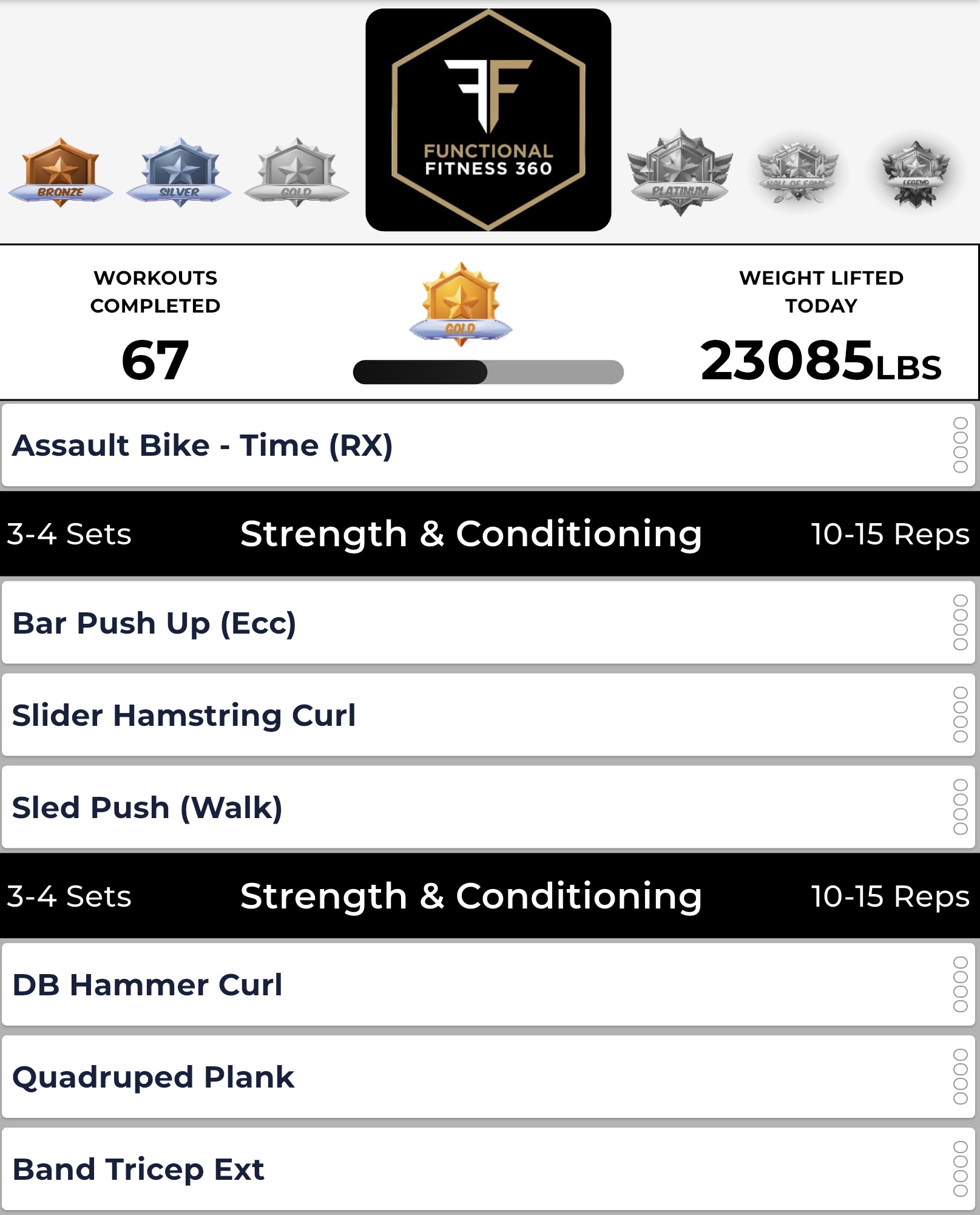 FF360 app — 67 workouts completed, Gold rank